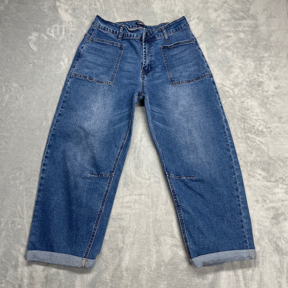 Flamingals Barrel Jeans Womens Large Blue Wide Leg Medium Wash High Rise Y2K